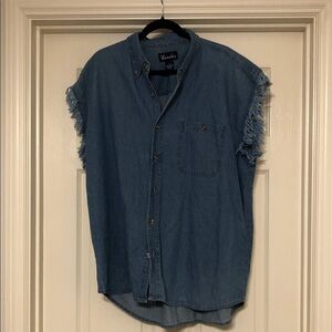 Thunder Men's Blue Denim Sleeveless Button-Down Shirt with Frayed Sleeves
